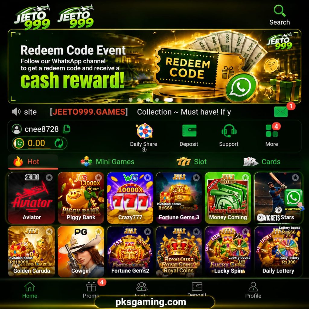 Jeeto999 online gaming platform interface with multiple game options and reward features