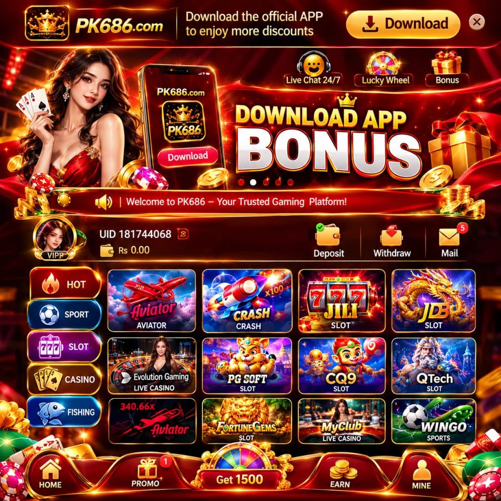 PK686 online gaming platform featuring game categories, rewards, missions, spins, and user account features