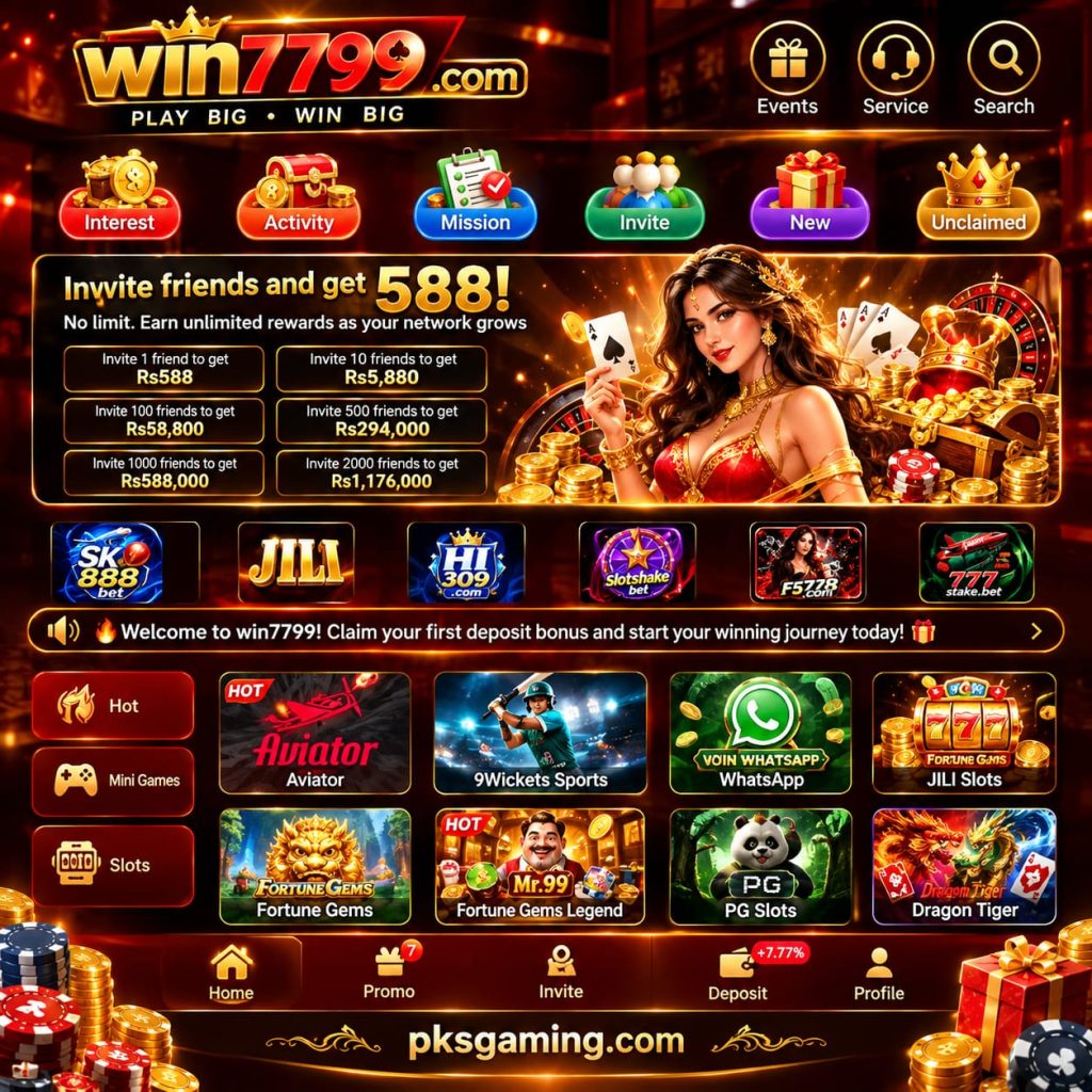 7799 gaming platform interface showing online games, features, and mobile gaming options
